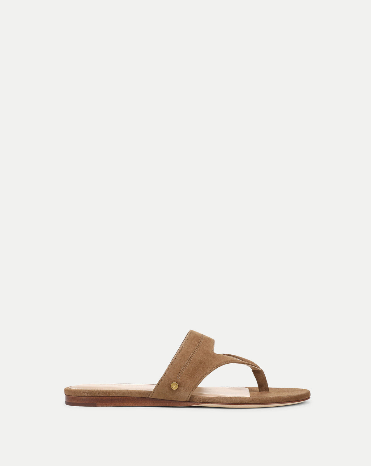 Veronica Beard Brown suede thong sandal with gold stud.