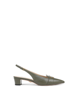 Veronica Beard Olive green leather pointed slingback block heel.