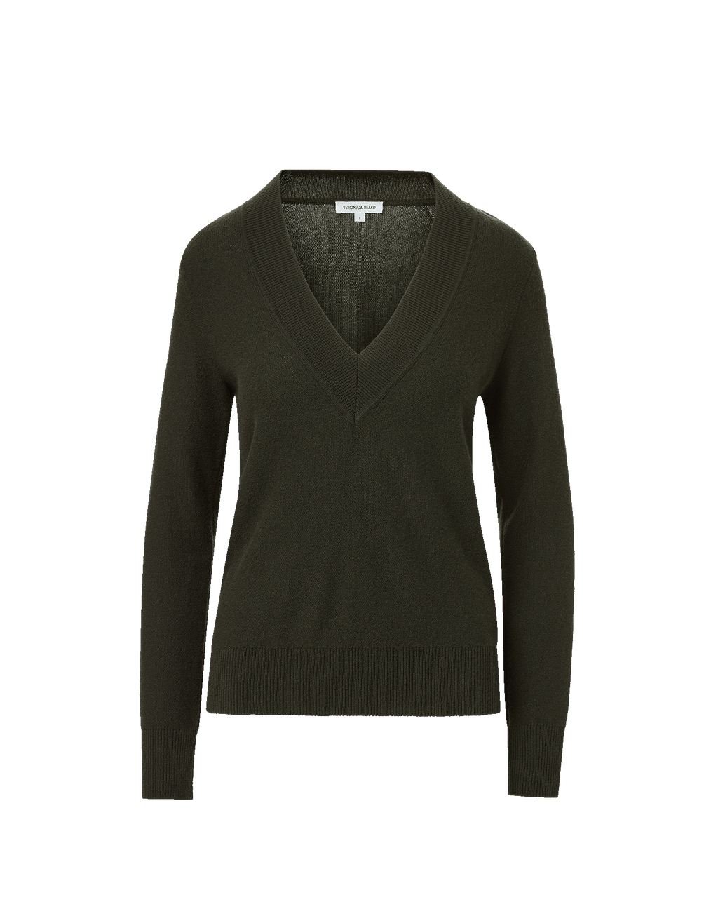 Veronica Beard Dark green V-neck knit sweater with ribbed trim.