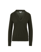 Veronica Beard Dark green V-neck knit sweater with ribbed trim.