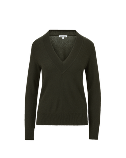 Veronica Beard Dark green V-neck knit sweater with ribbed trim.