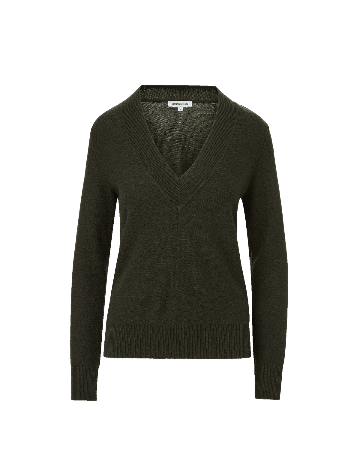 Veronica Beard Dark green V-neck knit sweater with ribbed trim.