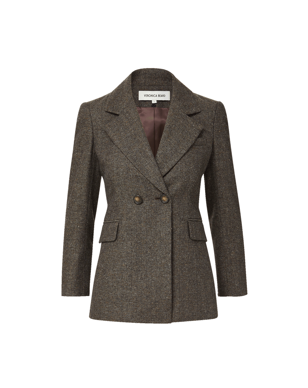 Veronica Beard Brown tweed double-breasted tailored blazer with flap pockets.