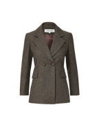 Veronica Beard Brown tweed double-breasted tailored blazer with flap pockets.