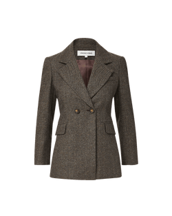 Veronica Beard Brown tweed double-breasted tailored blazer with flap pockets.