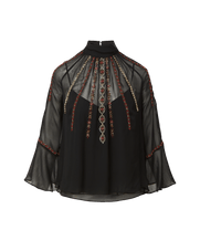 Veronica Beard Black sheer chiffon blouse with beaded embellishments.
