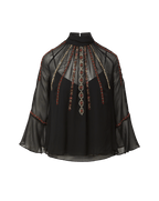 Veronica Beard Black sheer chiffon blouse with beaded embellishments.
