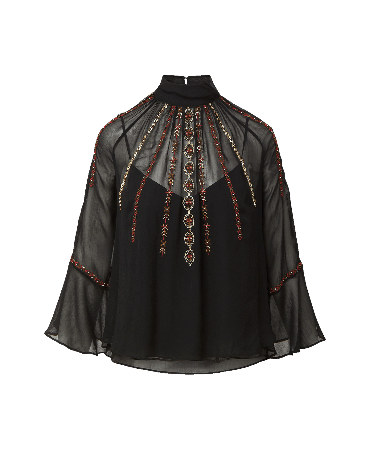 Veronica Beard Black sheer chiffon blouse with beaded embellishments.