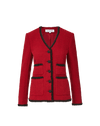 Veronica Beard Red tweed blazer with black fringe trim.