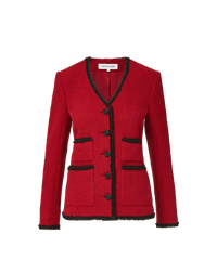 Veronica Beard Red tweed blazer with black fringe trim.
