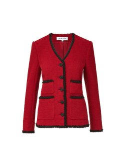 Veronica Beard Red tweed blazer with black fringe trim.