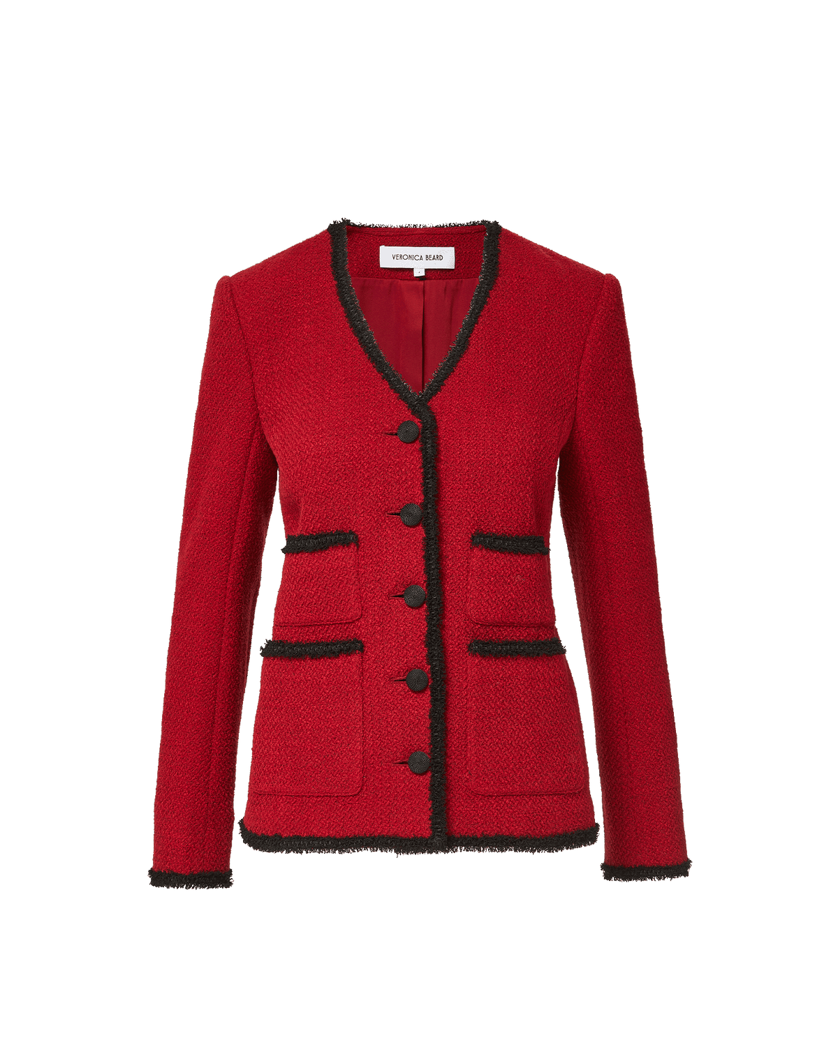 Veronica Beard Red tweed blazer with black fringe trim.