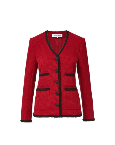 Veronica Beard Red tweed blazer with black fringe trim.