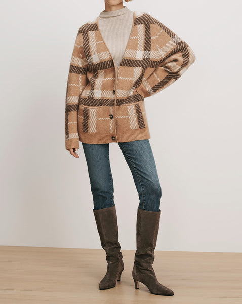 Veronica Beard Brown and white plaid knit cardigan with buttons.