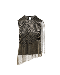 Veronica Beard Black sleeveless sequin zebra top with fringe.