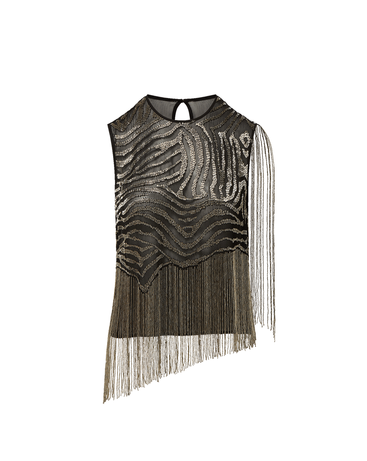 Veronica Beard Black sleeveless sequin zebra top with fringe.