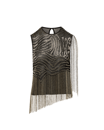 Veronica Beard Black sleeveless sequin zebra top with fringe.