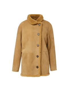Veronica Beard Tan shearling button-front coat with plush collar.