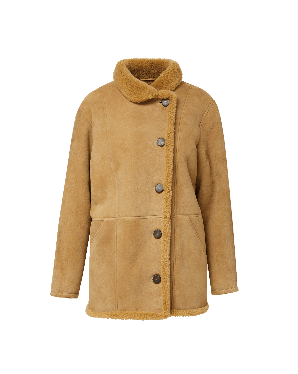 Veronica Beard Tan shearling button-front coat with plush collar.