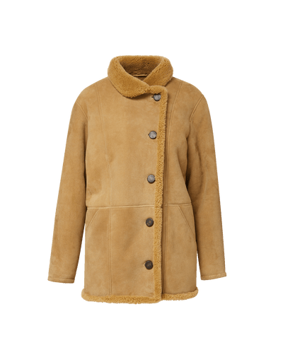Veronica Beard Tan shearling button-front coat with plush collar.