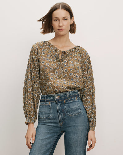 Veronica Beard Brown floral print blouse with tie neckline.