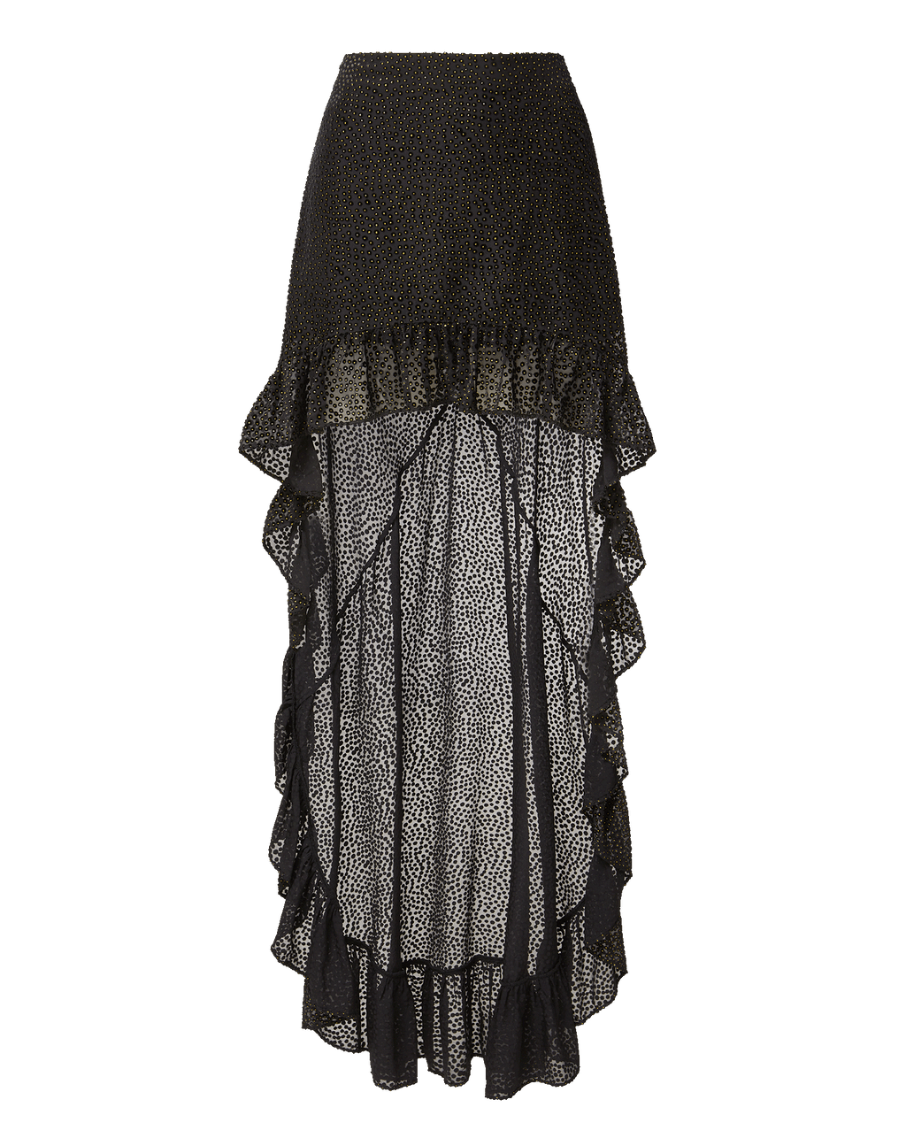 Veronica Beard Black high-low ruffled sheer polka dot skirt.