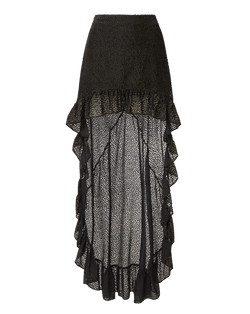 Veronica Beard Black high-low ruffled sheer polka dot skirt.