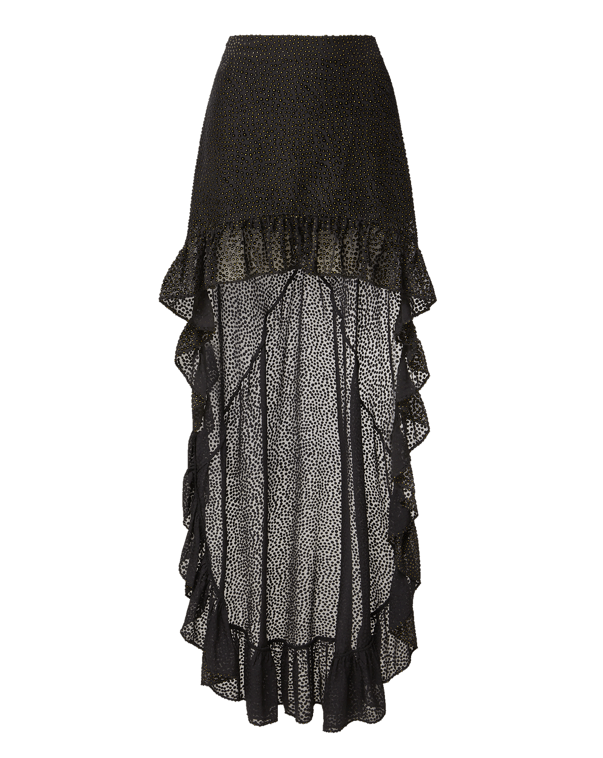 Veronica Beard Black high-low ruffled sheer polka dot skirt.