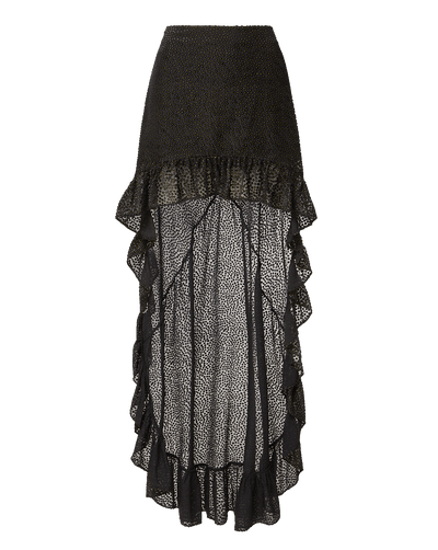 Veronica Beard Black high-low ruffled sheer polka dot skirt.