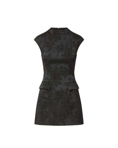 Veronica Beard Black floral brocade sleeveless mini dress.