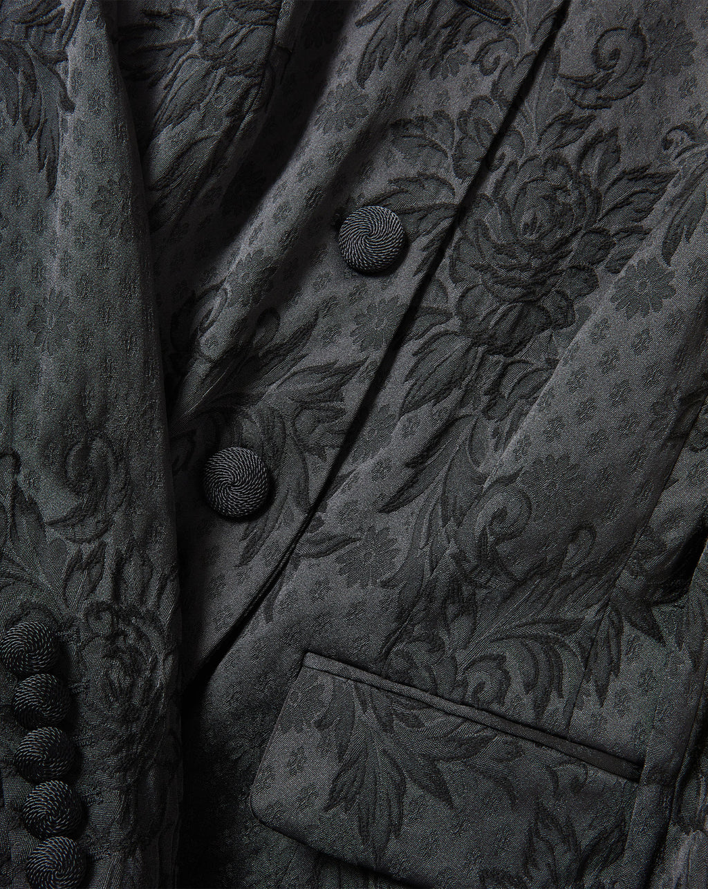 Veronica Beard Black floral brocade blazer with braided buttons.