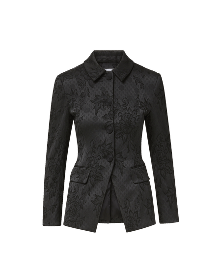 Veronica Beard Black floral jacquard fitted button-up blazer.