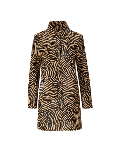 Veronica Beard Brown zebra-print leather button-up coat.