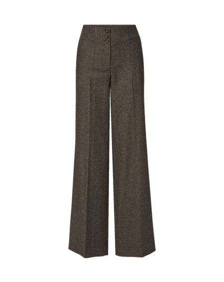 Veronica Beard Black sleeveless turtleneck and brown tweed trousers.