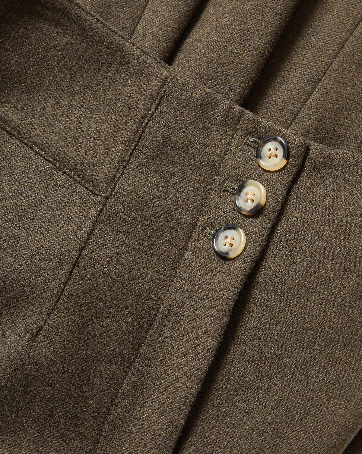 Veronica Beard Olive green dress with three tortoiseshell buttons.