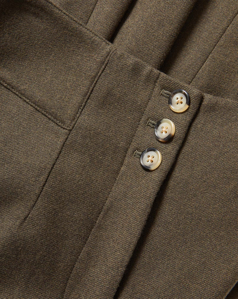 Veronica Beard Olive green dress with three tortoiseshell buttons.