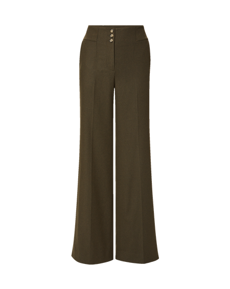 Veronica Beard Black ribbed turtleneck and dark brown wide trousers.