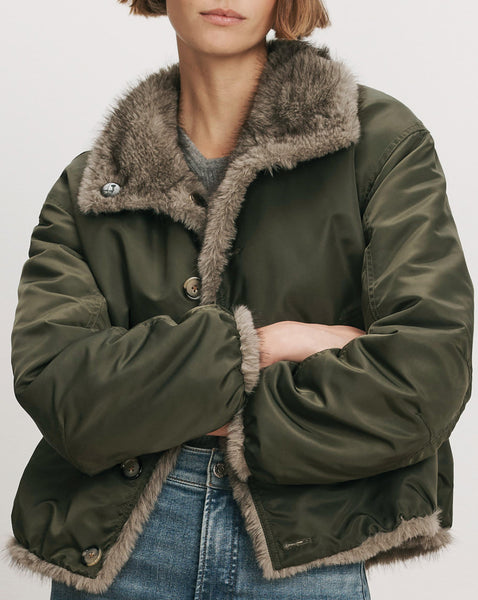 Veronica Beard Olive green faux-fur lined bomber jacket.