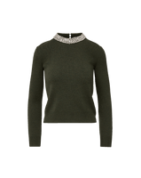 Veronica Beard Dark green knit sweater with jeweled collar.