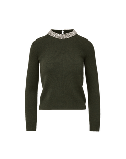 Veronica Beard Dark green knit sweater with jeweled collar.