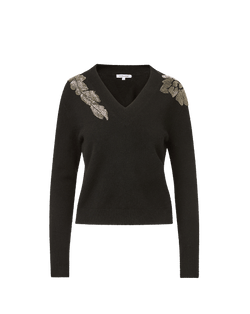 Veronica Beard Black V-neck sweater with beaded shoulder floral embroidery.