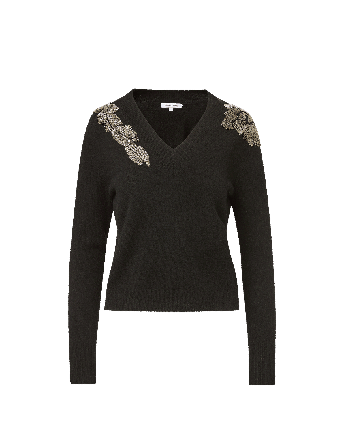 Veronica Beard Black V-neck sweater with beaded shoulder floral embroidery.