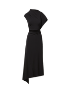 Veronica Beard Black midi dress, asymmetrical draped neckline.