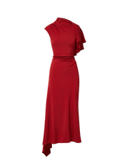 Veronica Beard Red dress with draped one-shoulder ruffle.