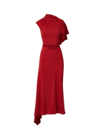 Veronica Beard Red dress with draped one-shoulder ruffle.
