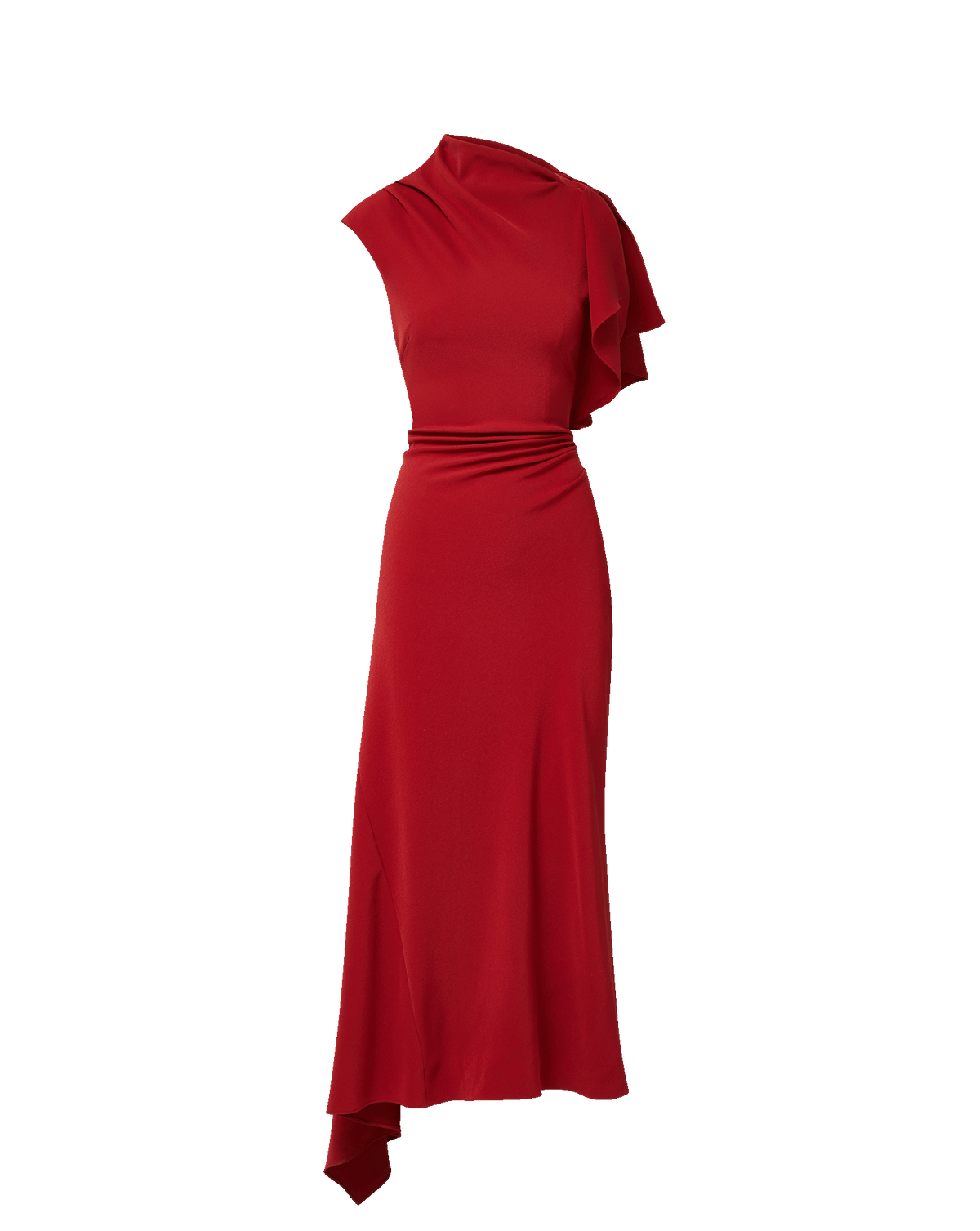Veronica Beard Red dress with draped one-shoulder ruffle.