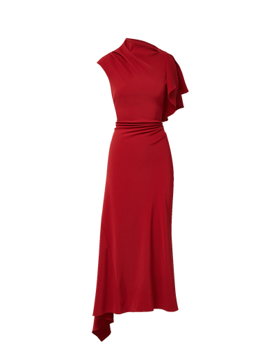 Veronica Beard Red dress with draped one-shoulder ruffle.