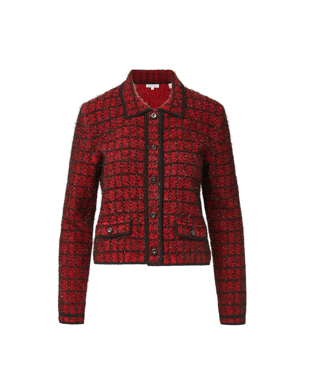 Veronica Beard Red tweed jacket with black trim and buttons.