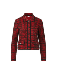 Veronica Beard Red tweed jacket with black trim and buttons.
