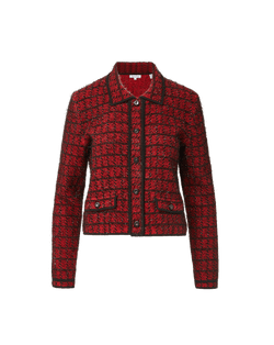 Veronica Beard Red tweed jacket with black trim and buttons.